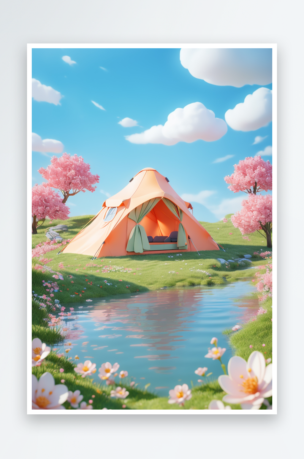C4D春季户外草地3D渲染帐篷素材