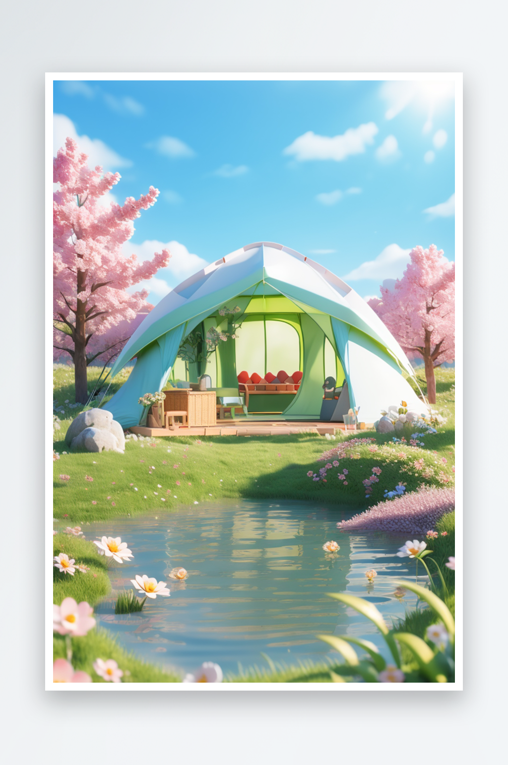 C4D春季户外草地3D渲染帐篷素材