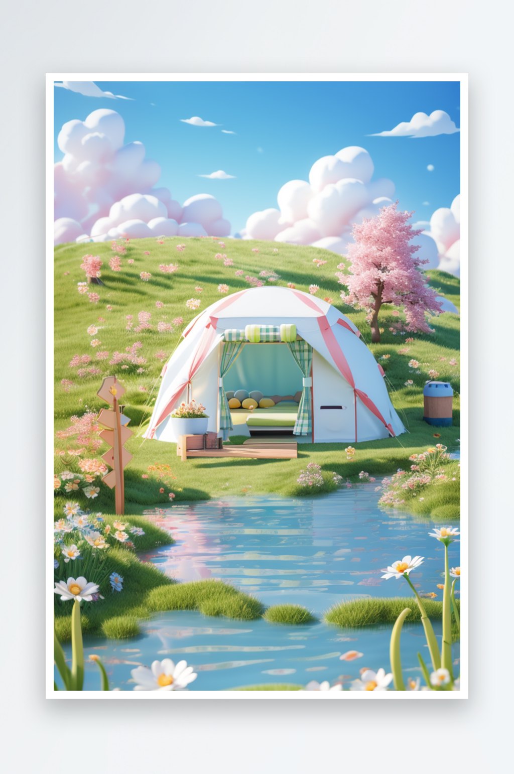 C4D春季户外蓝天草地3D渲染帐篷素材