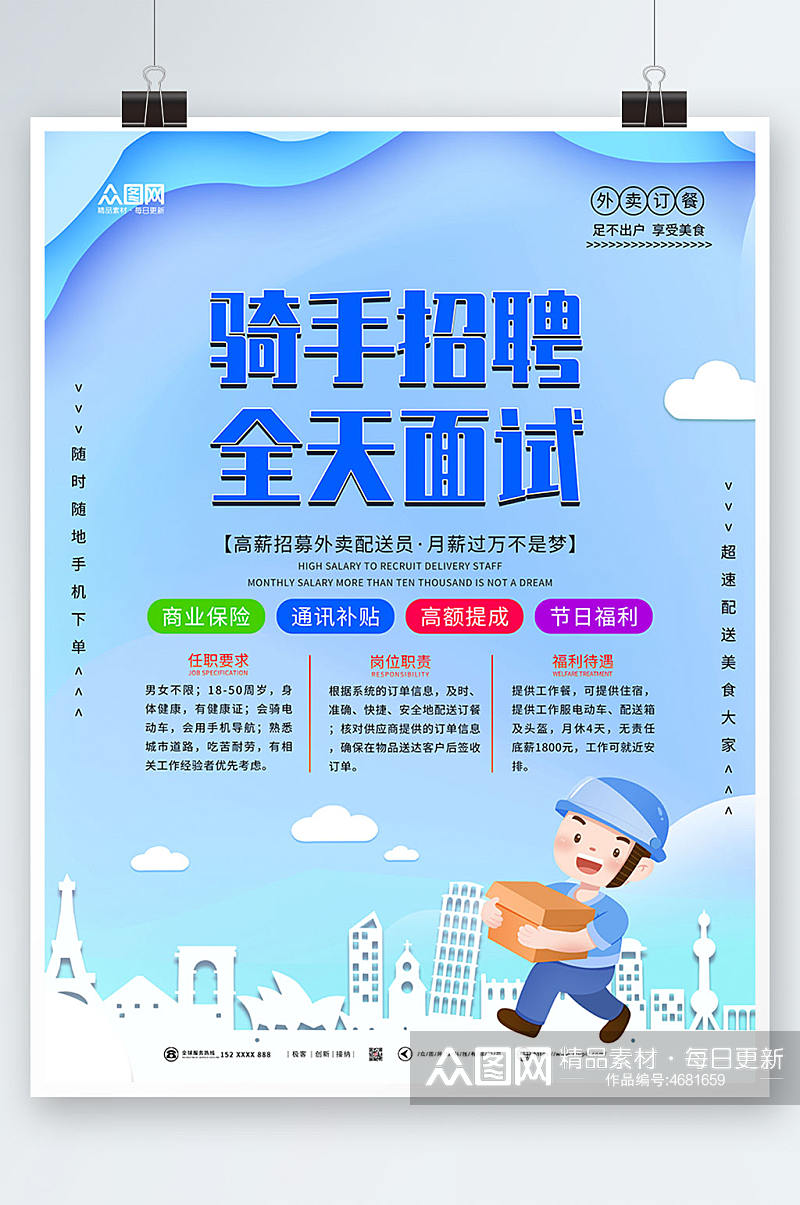 简约大气外卖骑手招聘海报素材