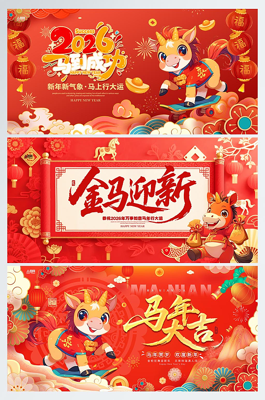 马年2026年新年系列展板背景板-众图网