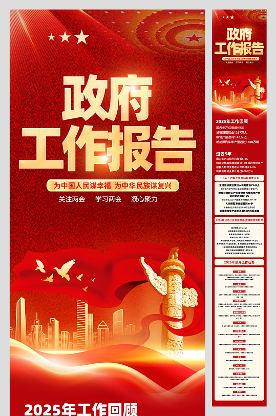 2026年政府工作报告聚焦两会长图海报-众图网