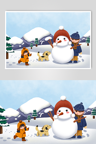冬季堆雪人小雪节气人物插画