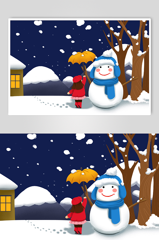 冬季小女孩给雪人撑伞小雪节气人物插画