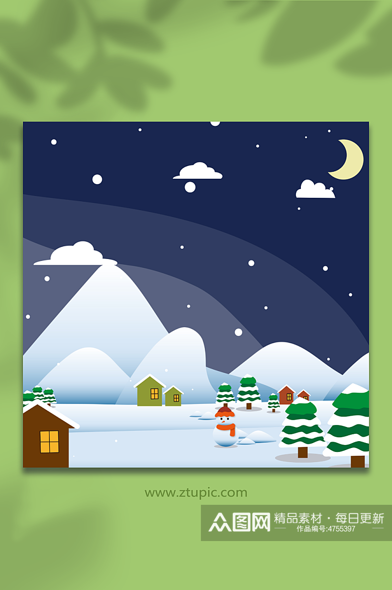 夜晚雪人雪景冬季雪景AI矢量插画素材