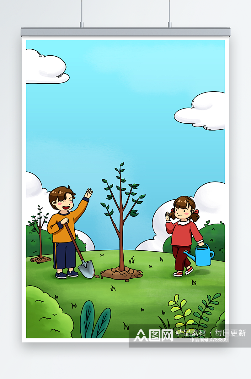 卡通小孩儿童种树植树节人物插画素材