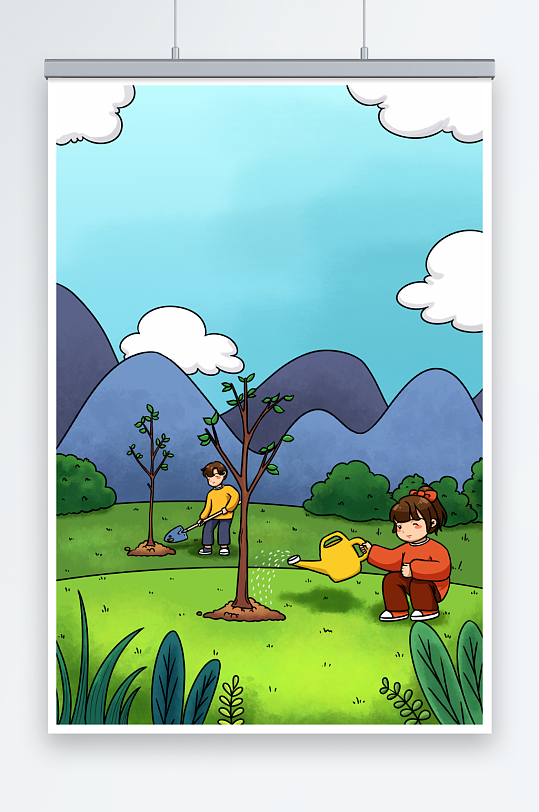卡通儿童浇水铲土植树节人物插画