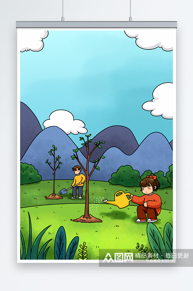 卡通儿童浇水铲土植树节人物插画素材