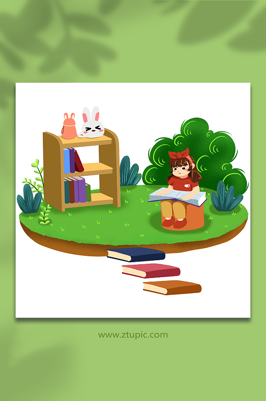 卡通小女孩儿童读书阅读图书人物插画