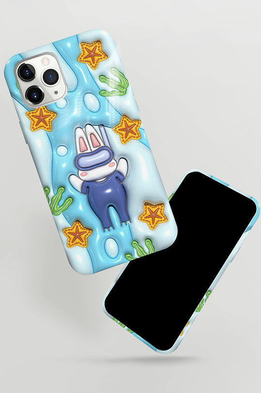 兔子原创膨胀风卡通动物插画手机壳-众图网