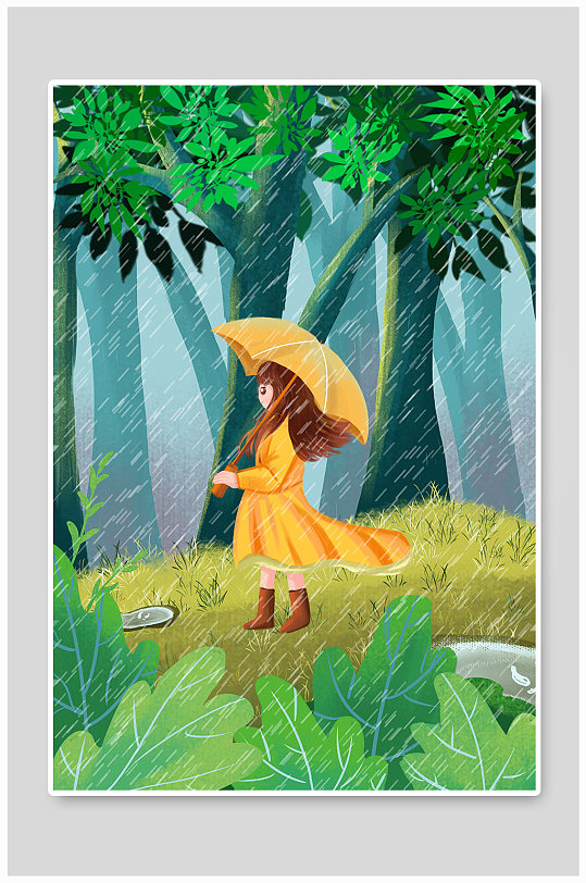 唯美打伞谷雨节气人物插画-众图网
