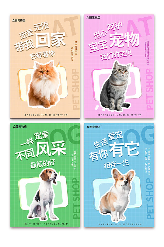 小清新宠物店医院系列萌宠摄影图宣传海报