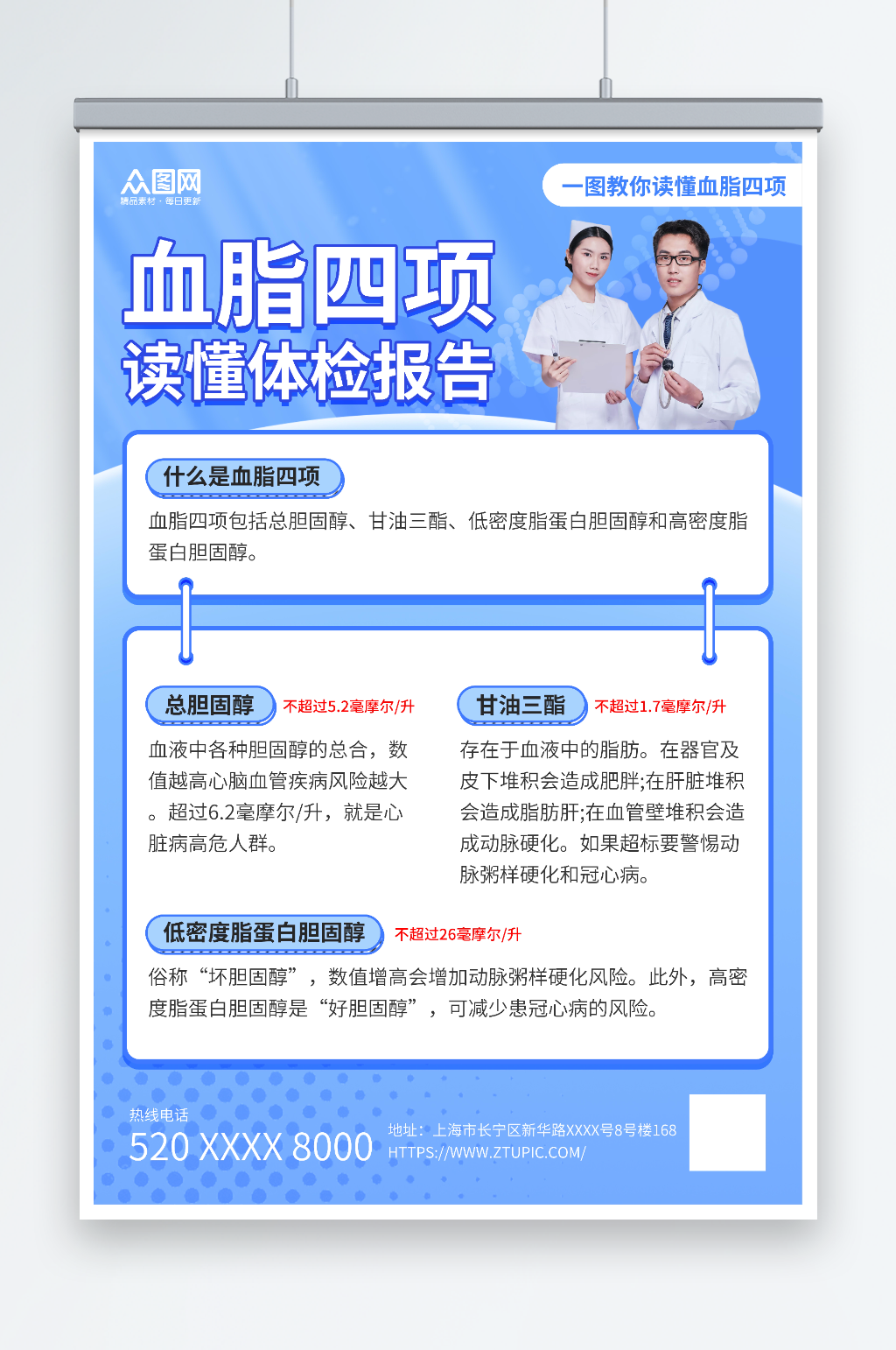 蓝色风血脂四项科普知识医疗海报素材