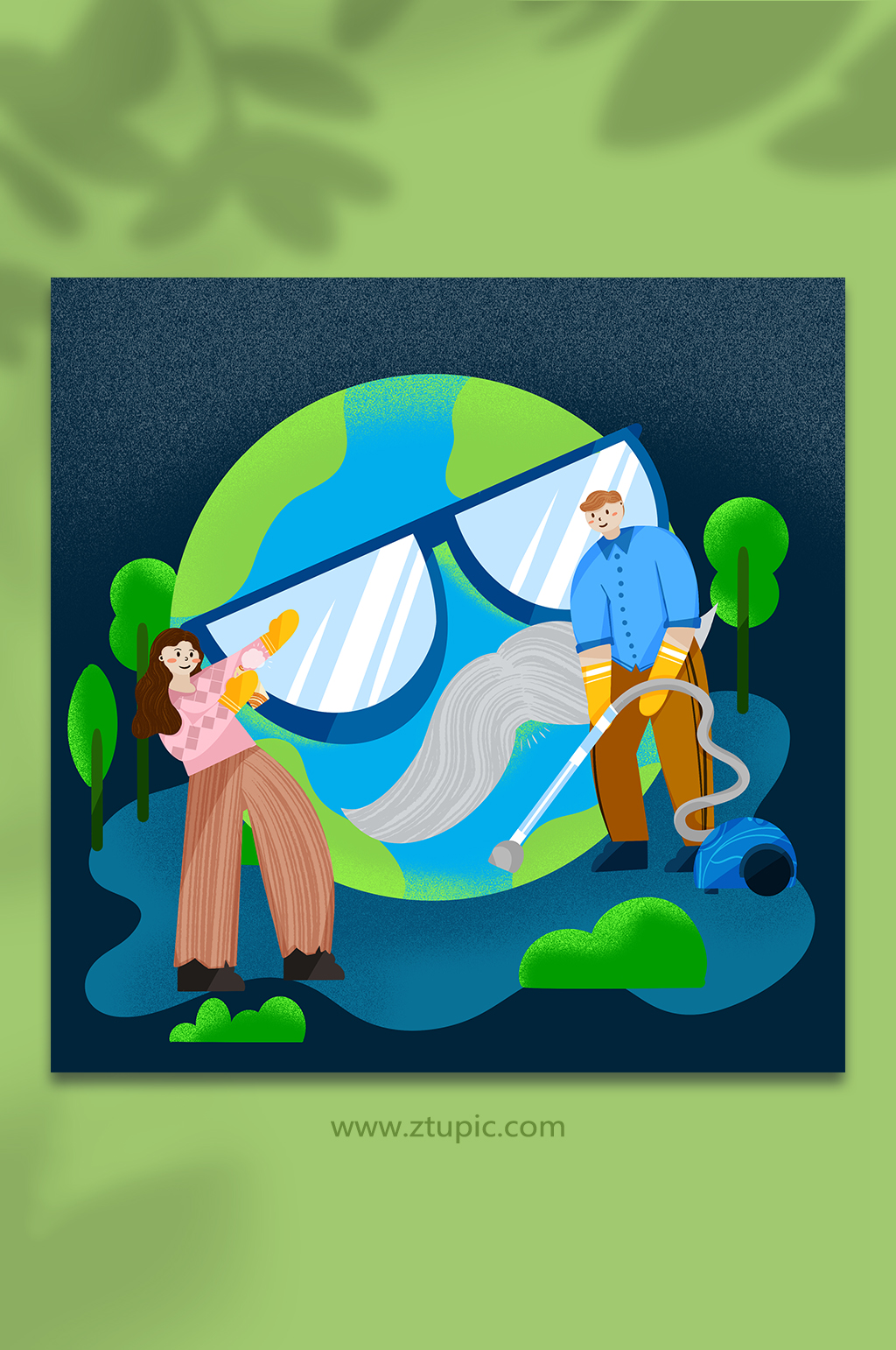 蓝色环保世界清洁地球日双人清洁人物插画素材
