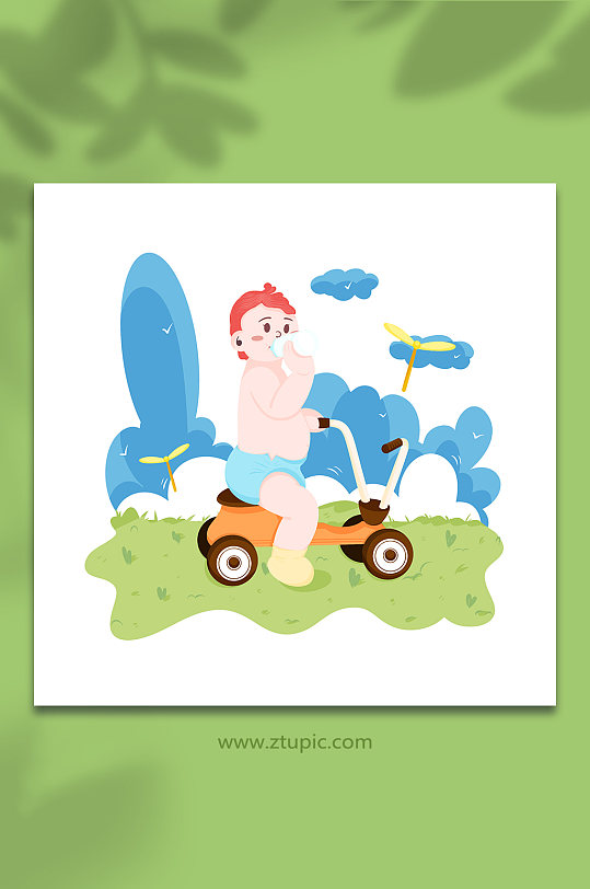 婴儿骑单车元素扁平化人物插画