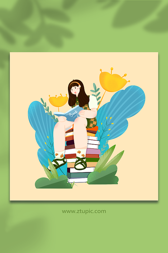 女生阅读书本学习扁平化读书人物插画-众图网