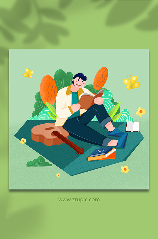 男生郊游学习阅读扁平化读书人物插画-众图网