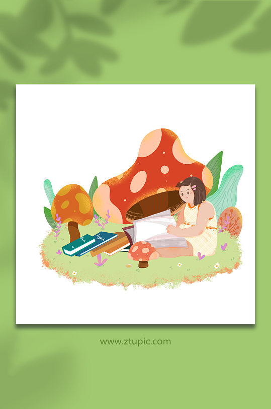 儿童扁平女孩读书阅读图书人物插画-众图网