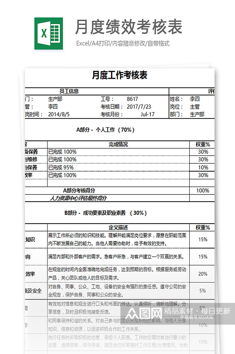 月度绩效考核表员工每月季度评分汇总素材