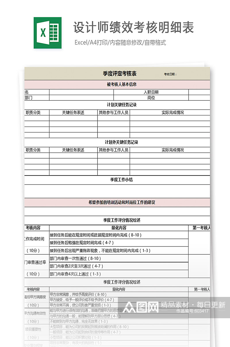 设计师绩效考核明细员工每月季度评分汇总素材