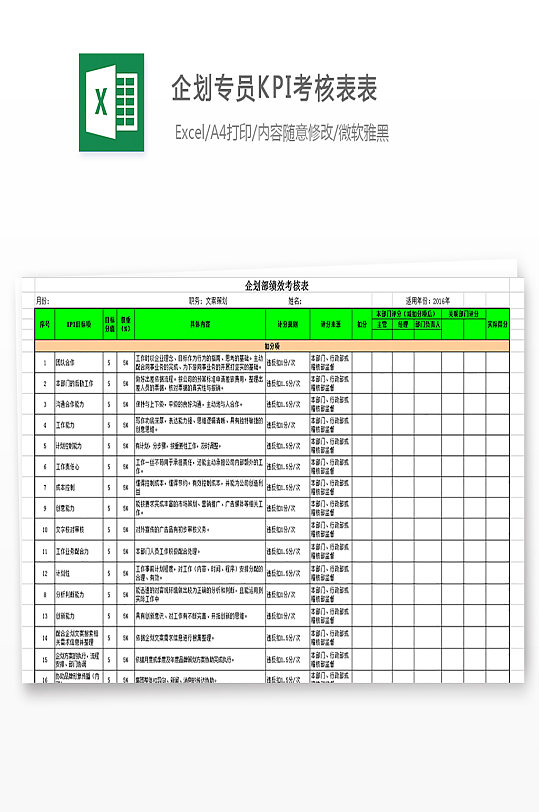 企划专员KPI考核表员工每月季度评分汇总