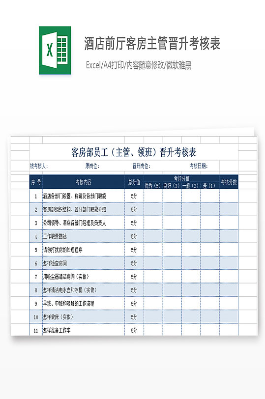 酒店前厅客房主管晋升考核表员工评分汇总