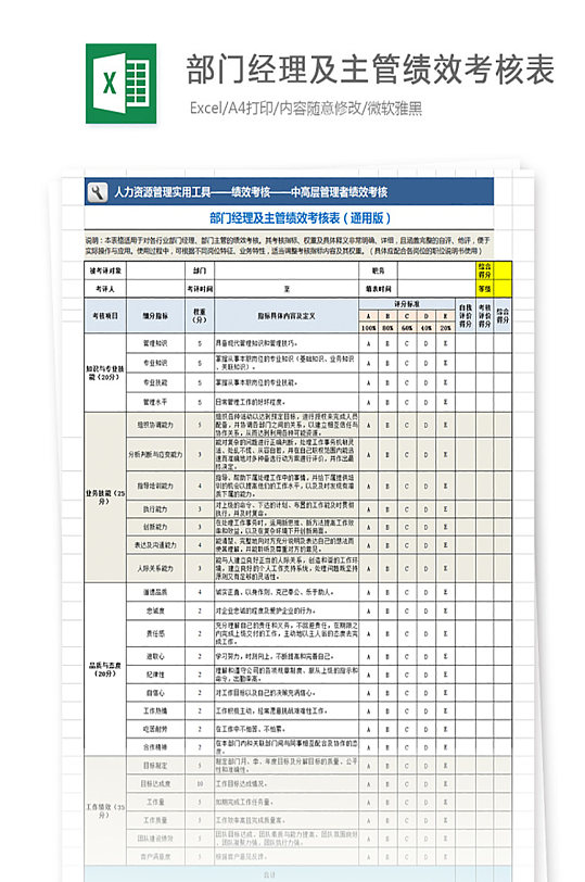 部门经理及主管绩效考核表（通用）员工评分