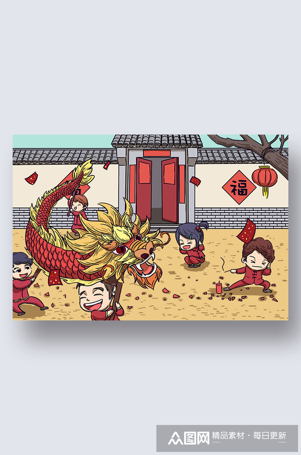 灯笼春联红灯炮传统热闹回家新年春节插图素材