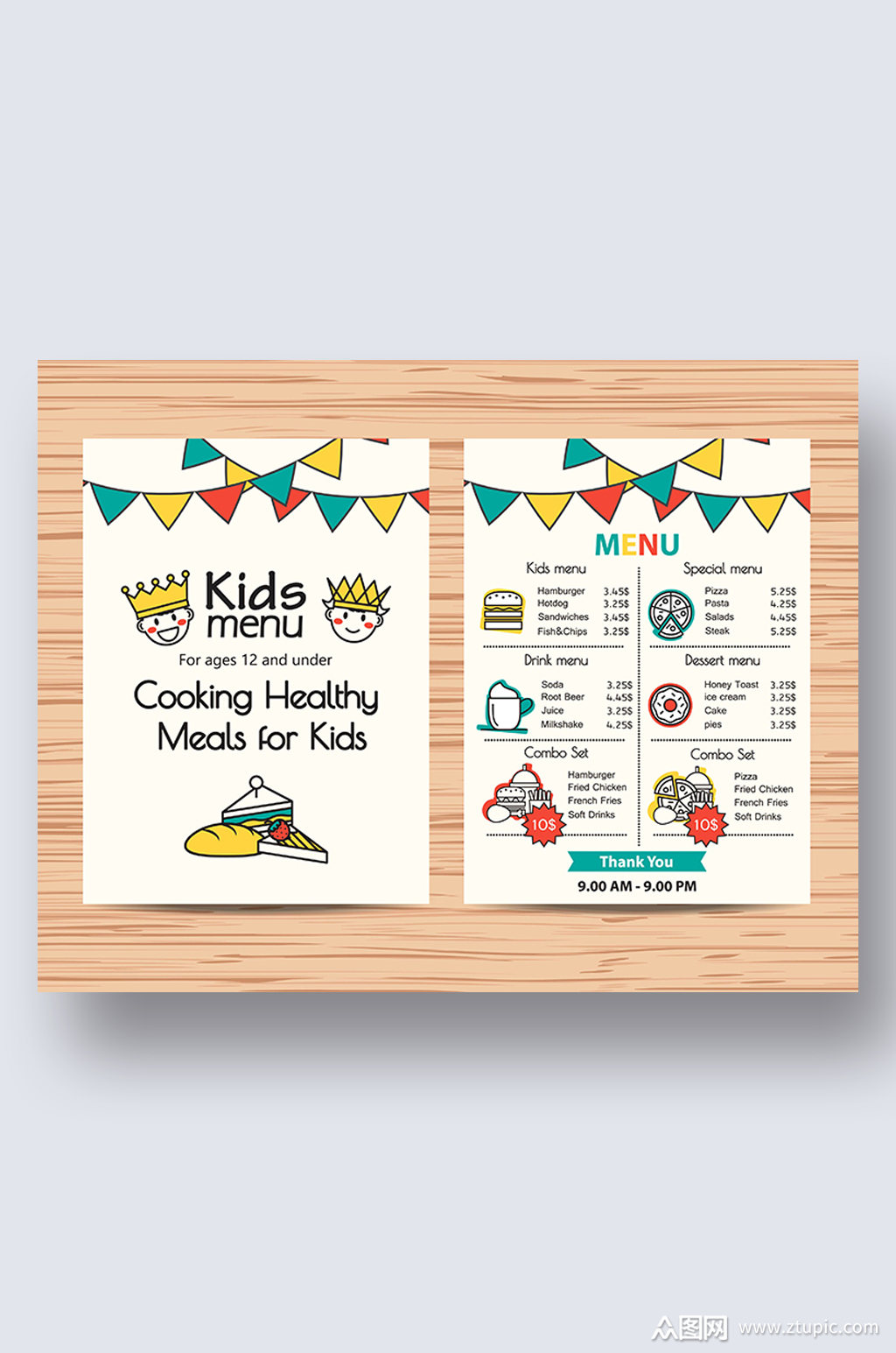 矢量漫画甜品会所卡通可爱儿童菜单食谱单页模板下载-编号617529