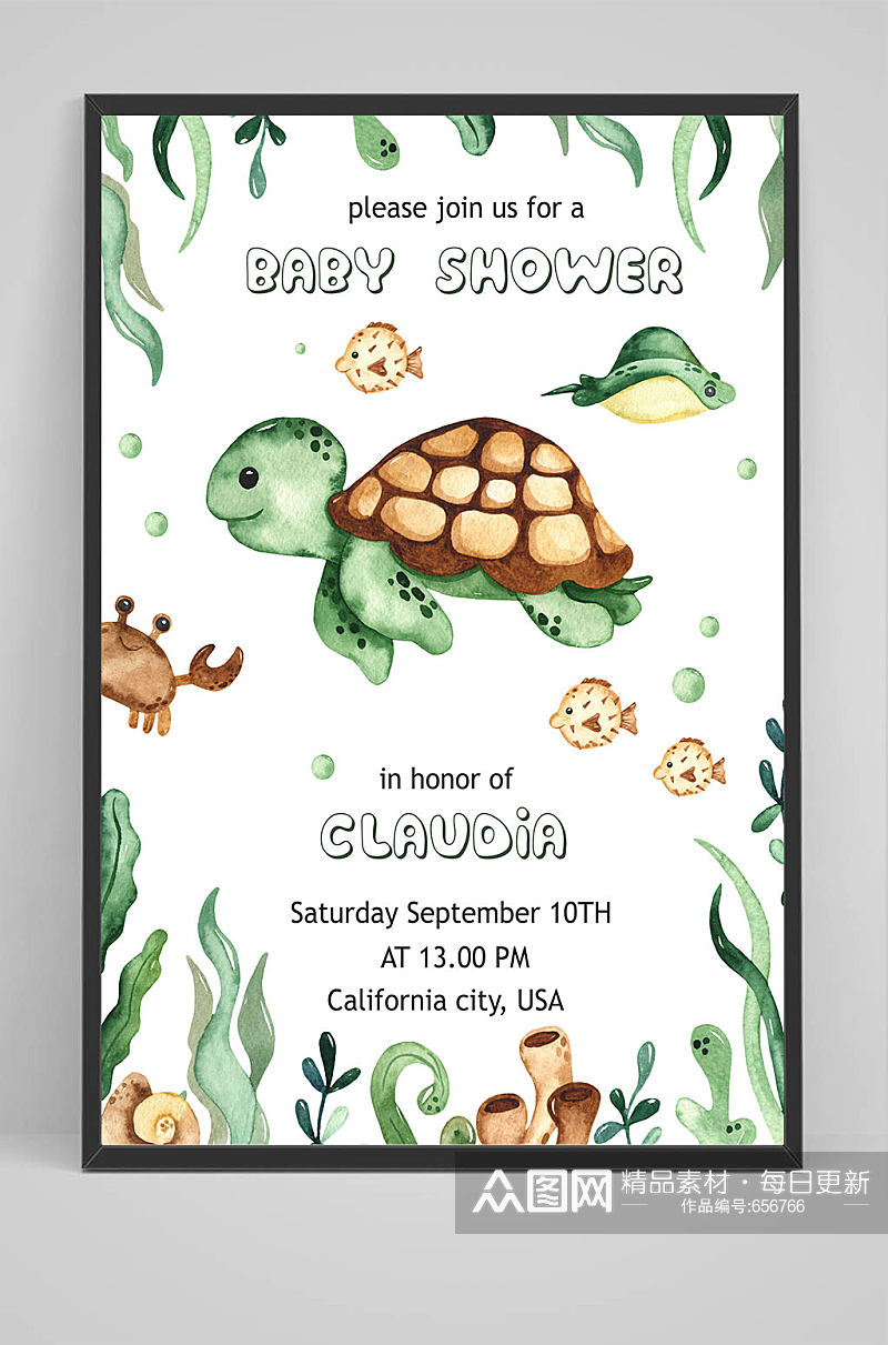 乌龟手绘水彩画风格儿童海洋动物插图素材