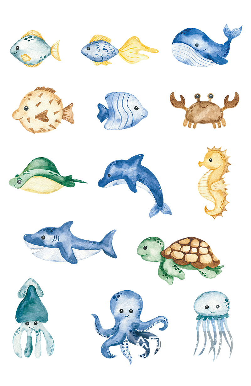 手绘水彩画风格儿童海洋动物免扣素材素材