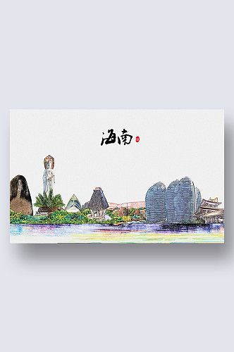 海南城市地标建筑剪影插画