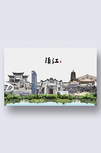 镇江城市地标建筑剪影插画