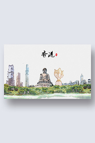 香港城市地标建筑剪影插画