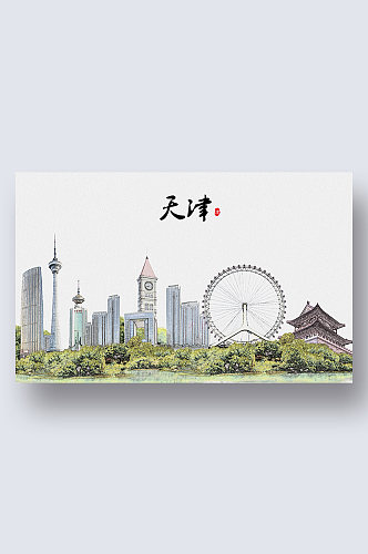 天津城市地标建筑剪影插画