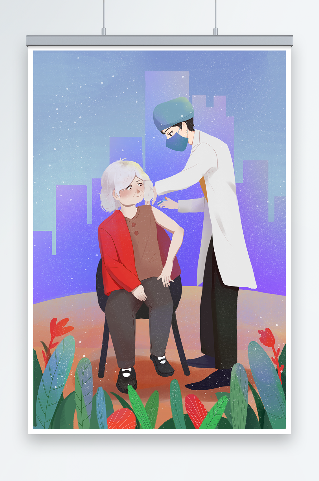 扁平风老年人接种新冠疫苗人物插画素材