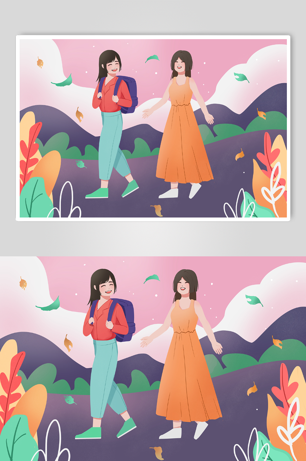 手绘扁平风春游踏青人物插画素材
