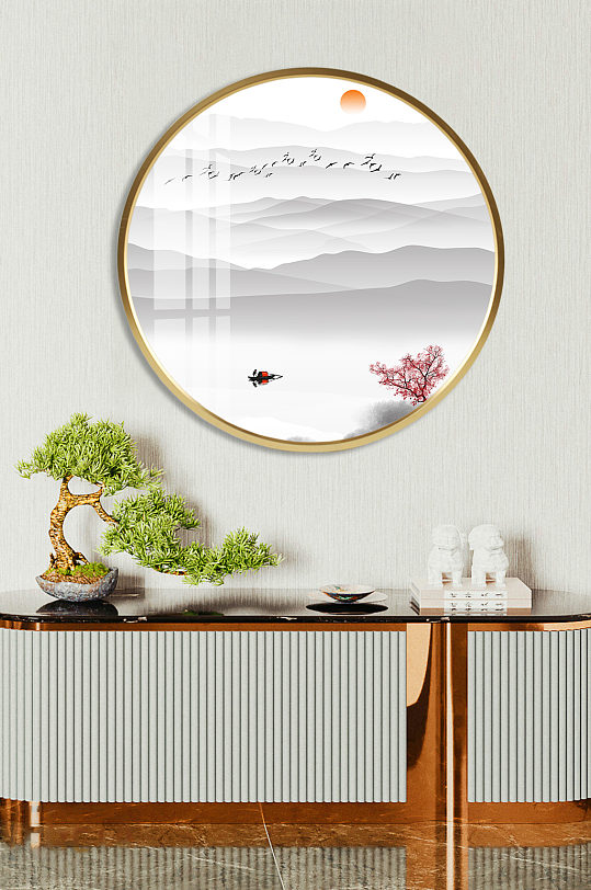 山水飞鸟画新中式水墨装饰画江南意境抽象画-众图网