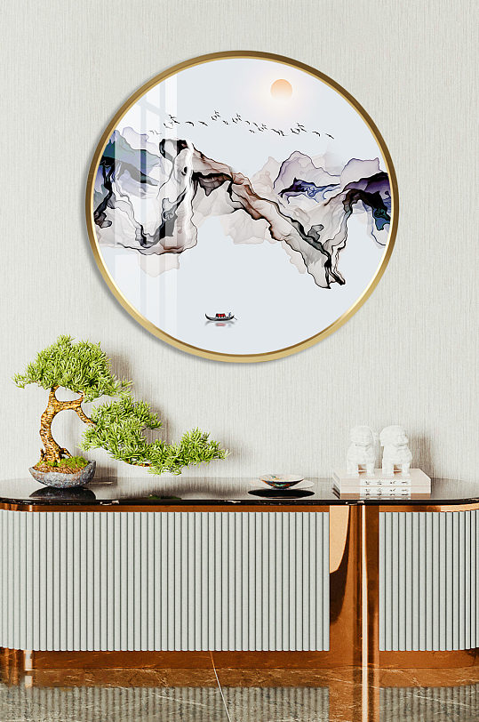 水墨意境手绘山水工笔画圆形装饰画新中式画