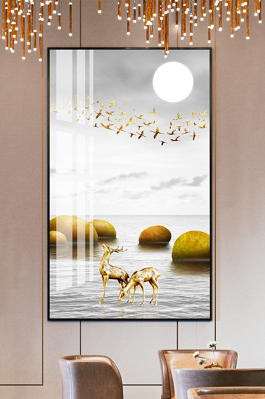 金色轻奢装饰画麋鹿抽象玄关画沙发背景墙画
