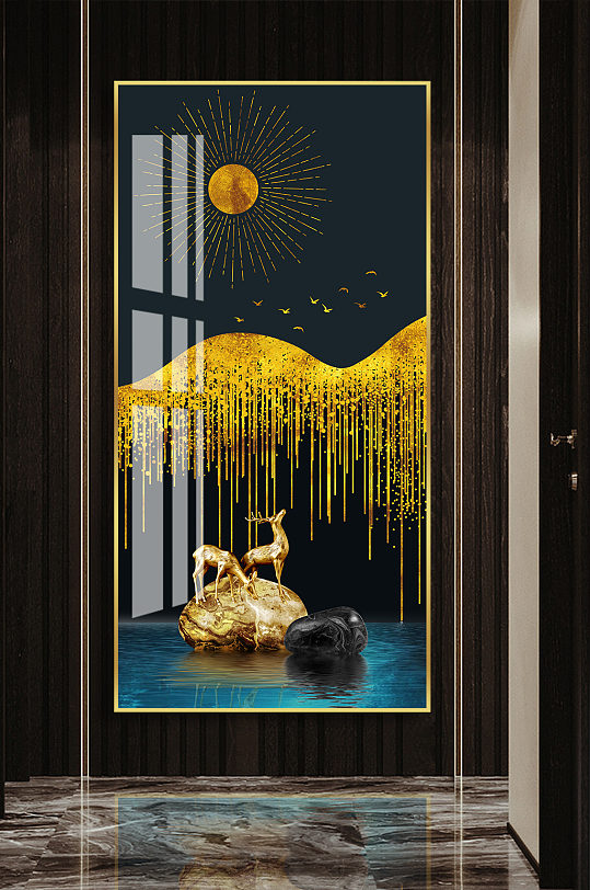 金色轻奢装饰画麋鹿抽象玄关画沙发背景墙画
