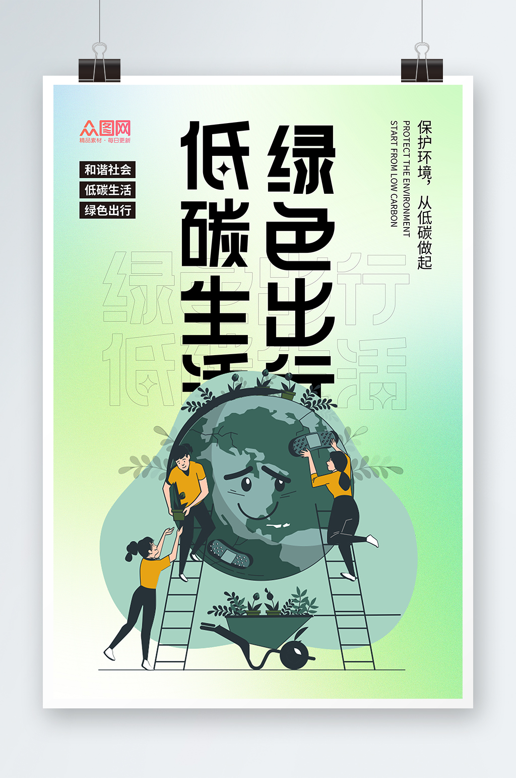 竖版简约爱护地球低碳出行海报素材