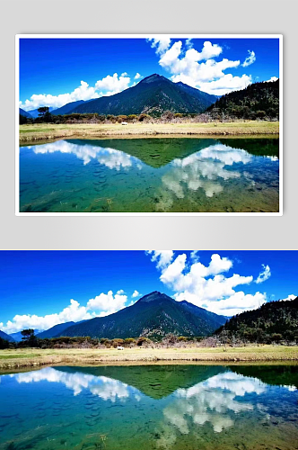 蓝天白云大山绿山湖面风景图