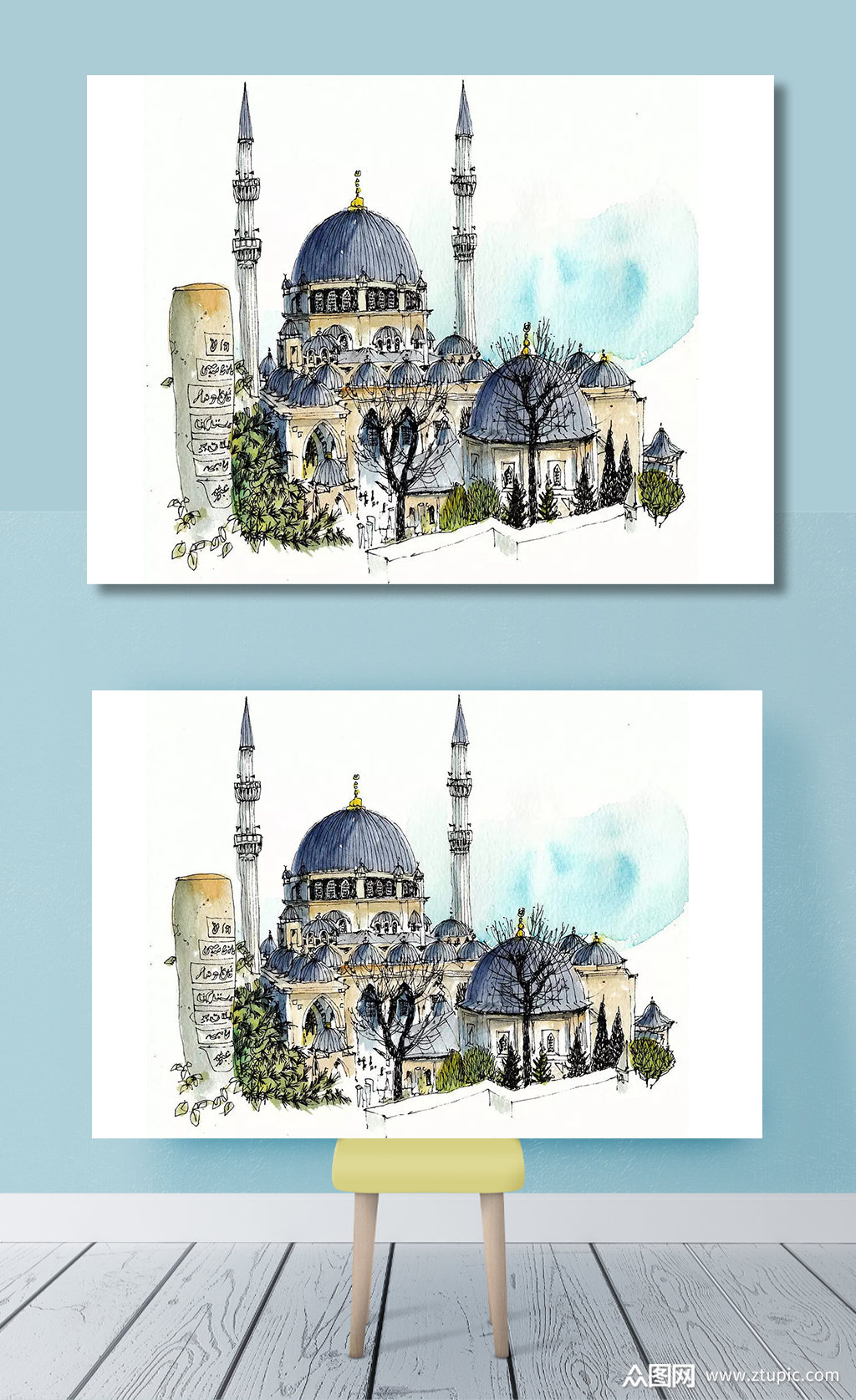 水彩建筑插画装饰画素材