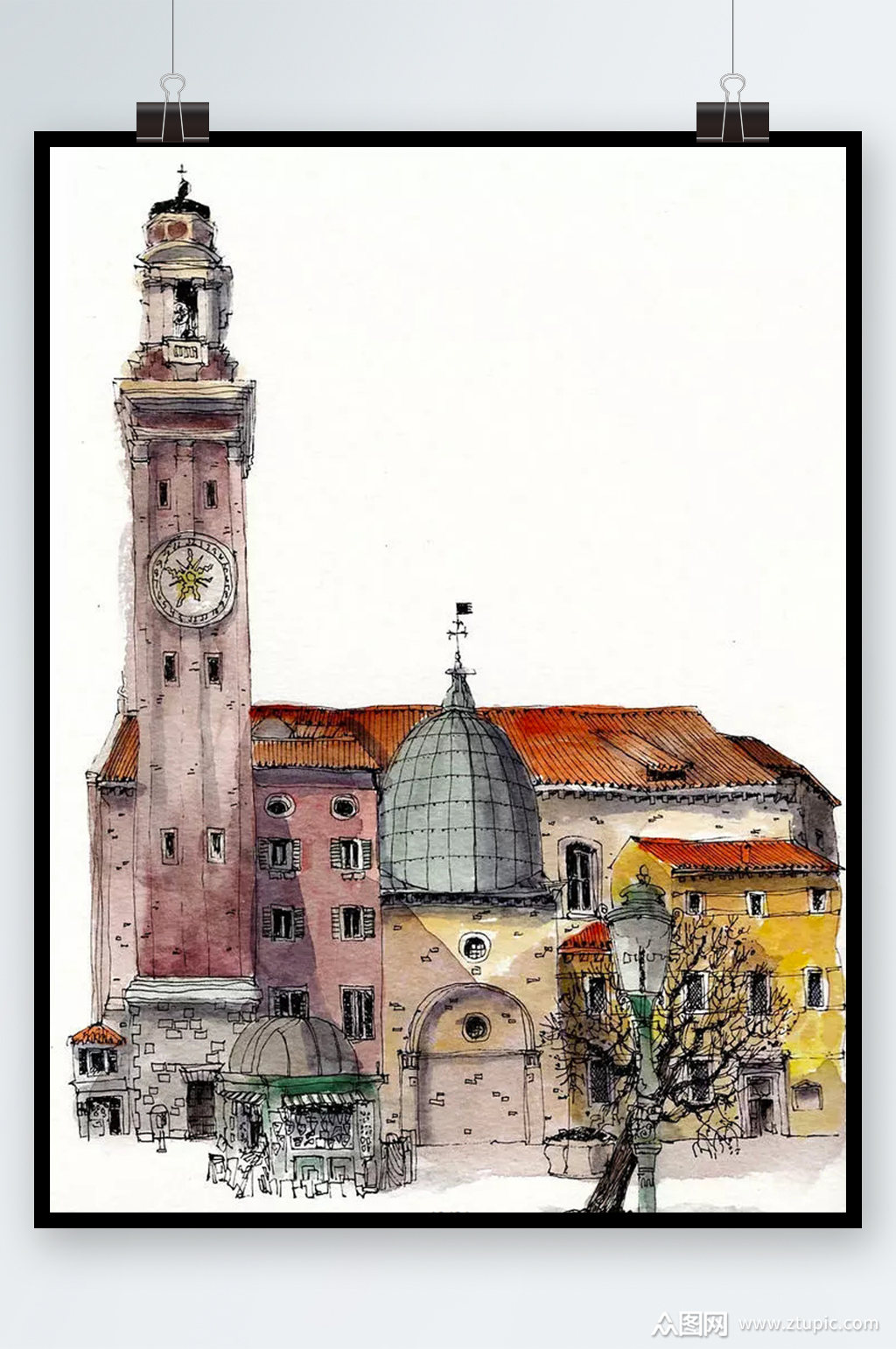 水彩建筑插画装饰画素材