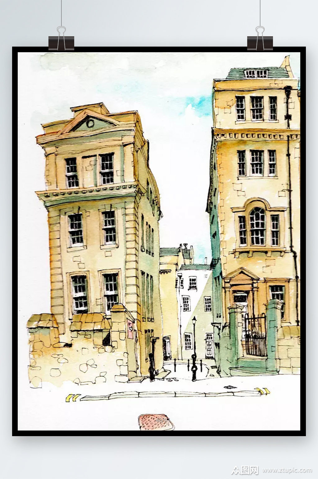 水彩建筑插画装饰画素材