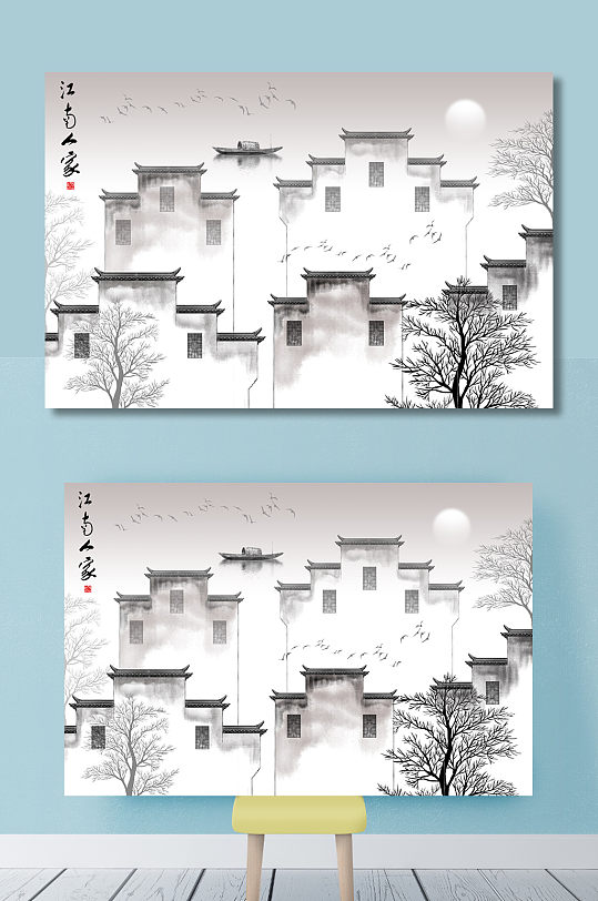 中式徽州建筑插画海报