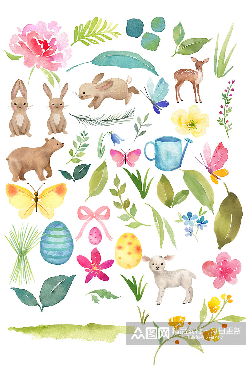 森系手绘卡通兔子花卉春天PNG免扣素材