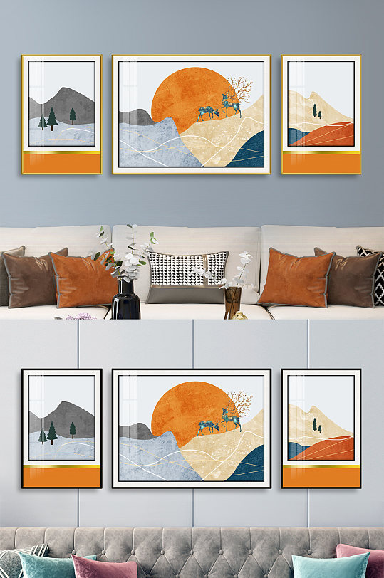 现代轻奢拼色立体几何麋鹿客厅三联画晶瓷画-众图网