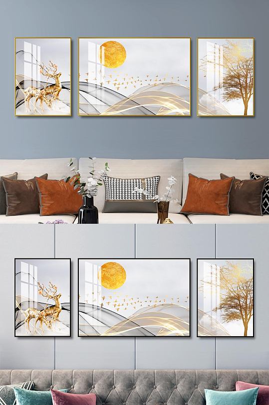 现代轻奢金色线条飘带麋鹿抽象客厅装饰画